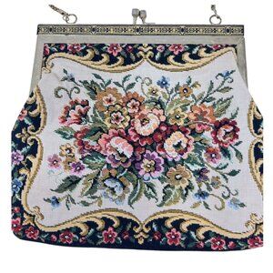 Floral Petit Point Tapestry Evening Clutch Bag Chain Handle Kiss Lock Vintage
